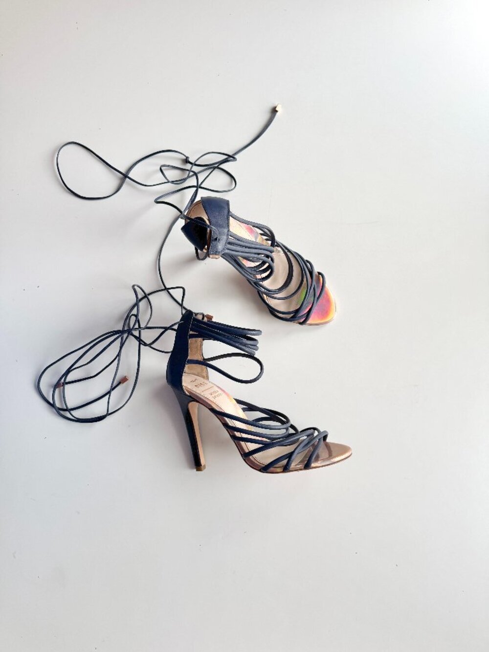 ALDO RISE x MISHA NONOO Iridescent Navy Leather Lace-Up Cage High Heels, Size 38